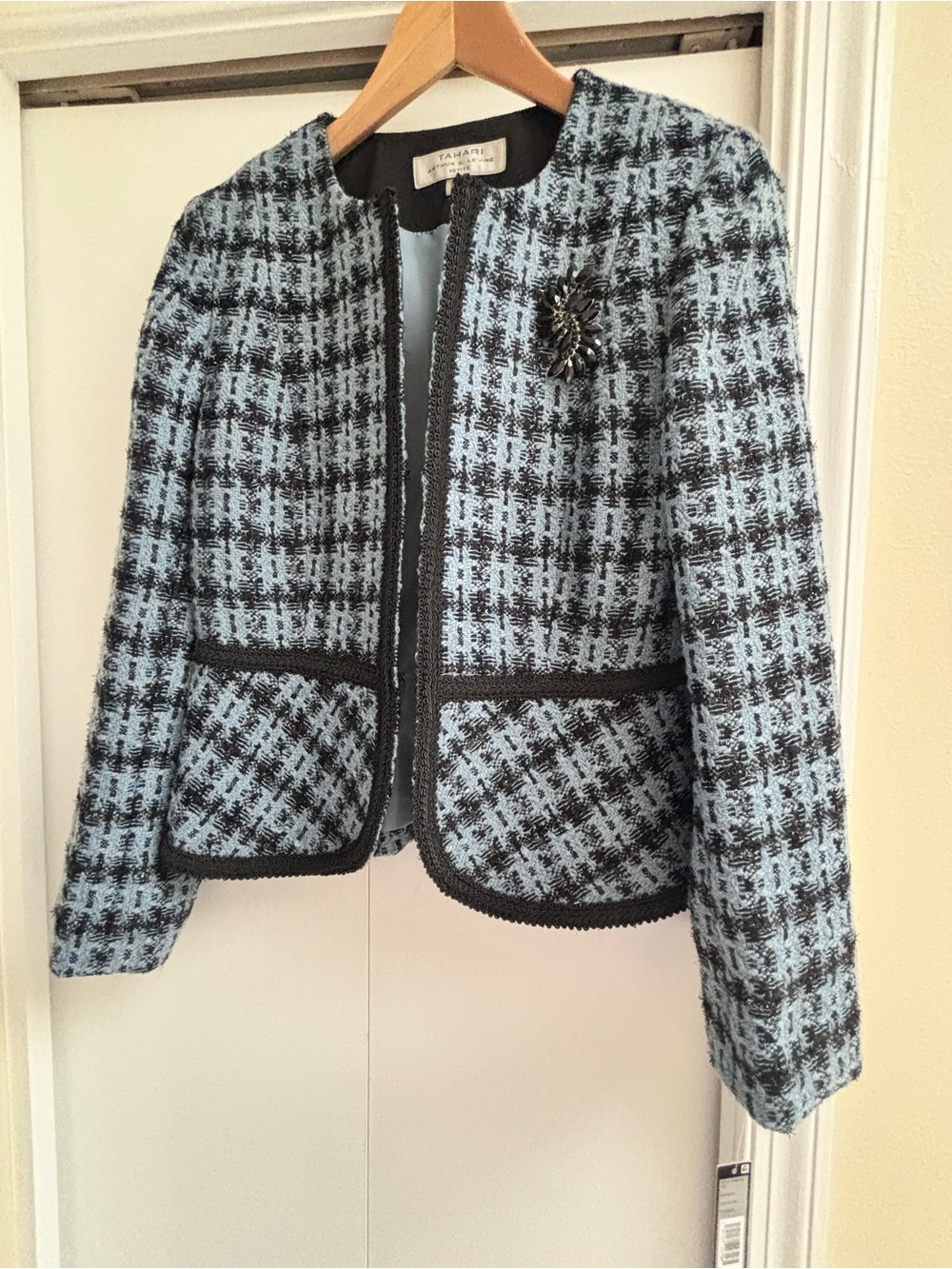 Tahari ASL Blue and Black Tweed Collarless Blazer with Brooch